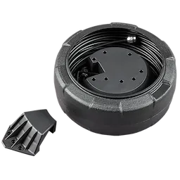 A Replacement Cable for M12™ 75' Drain Camera is shown. The coiled cable is housed in a black, round, ribbed case with a central hub. A separate component, likely a cover or attachment, is placed next to the case.