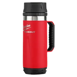 Red PACKOUT 18oz Insulated Mug with Sip Lid, featuring a black handle and lid. Ideal for keeping beverages hot or cold.