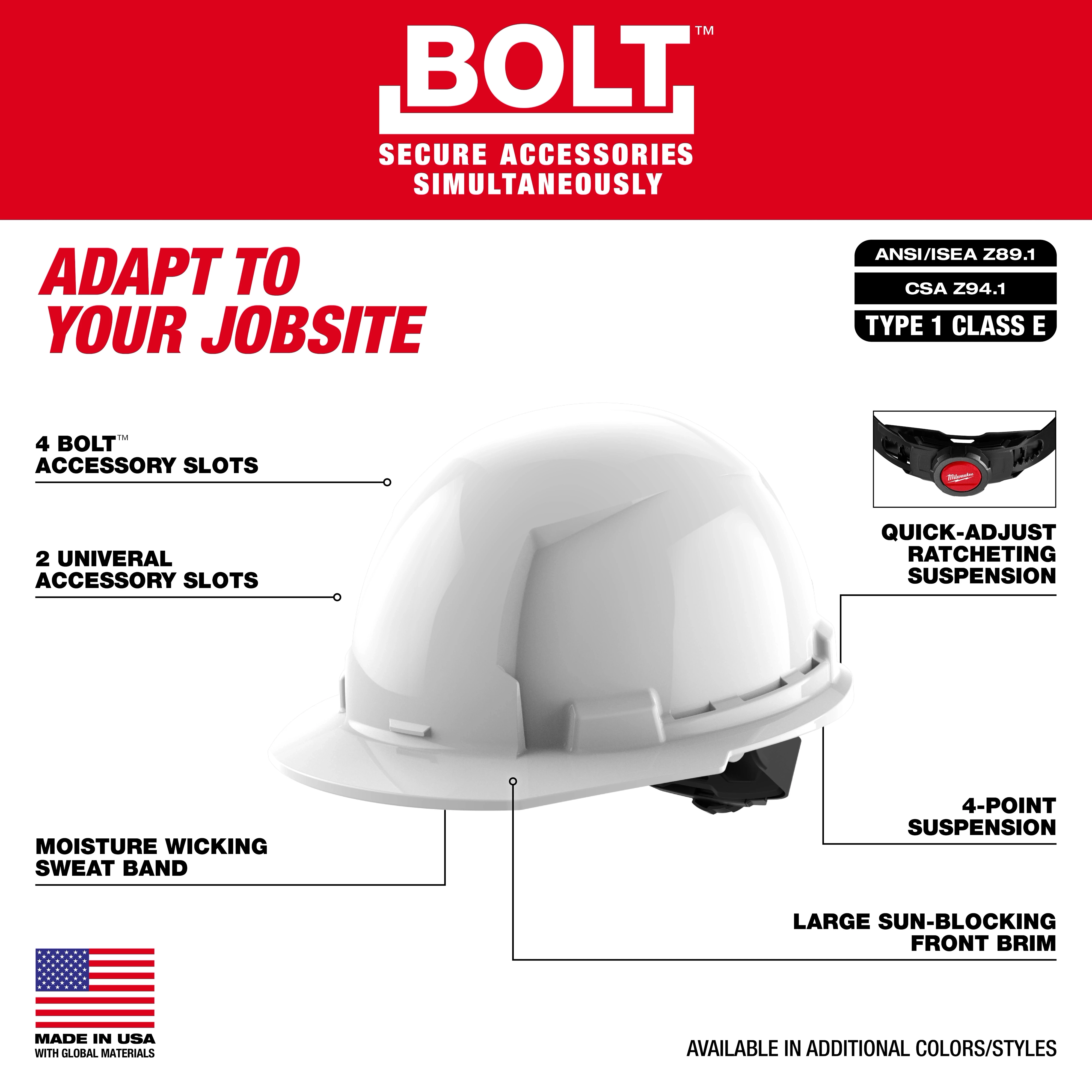 The image features a BOLT™ White Front Brim Hard Hat with 4-point ratcheting suspension. Key features include 4 BOLT™ accessory slots, 2 universal accessory slots, moisture-wicking sweatband, large sun-blocking front brim, and quick-adjust ratcheting suspension. It complies with ANSI/ISEA Z89.1, CSA Z94.1, Type 1, Class E standards. The text highlights the hard hat’s adaptability and availability in different colors/styles. An American flag indicates it is made in the USA with global materials.