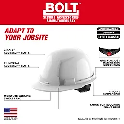 The image features a BOLT™ White Front Brim Hard Hat with 4-point ratcheting suspension. Key features include 4 BOLT™ accessory slots, 2 universal accessory slots, moisture-wicking sweatband, large sun-blocking front brim, and quick-adjust ratcheting suspension. It complies with ANSI/ISEA Z89.1, CSA Z94.1, Type 1, Class E standards. The text highlights the hard hat’s adaptability and availability in different colors/styles. An American flag indicates it is made in the USA with global materials.