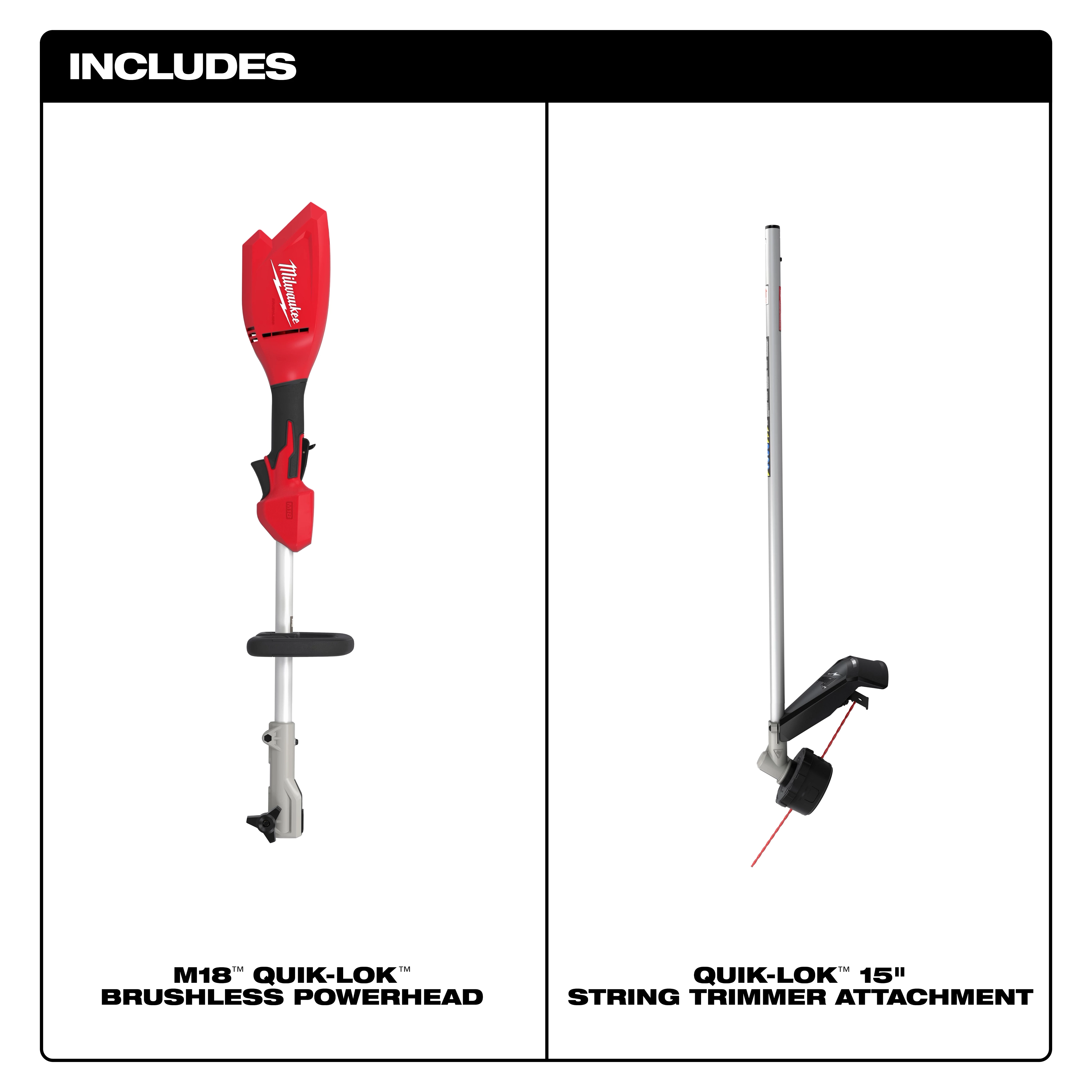 M18 QUIK-LOK Brushless 15” String Trimmer powerhead and string trimmer attachment shown side by side.