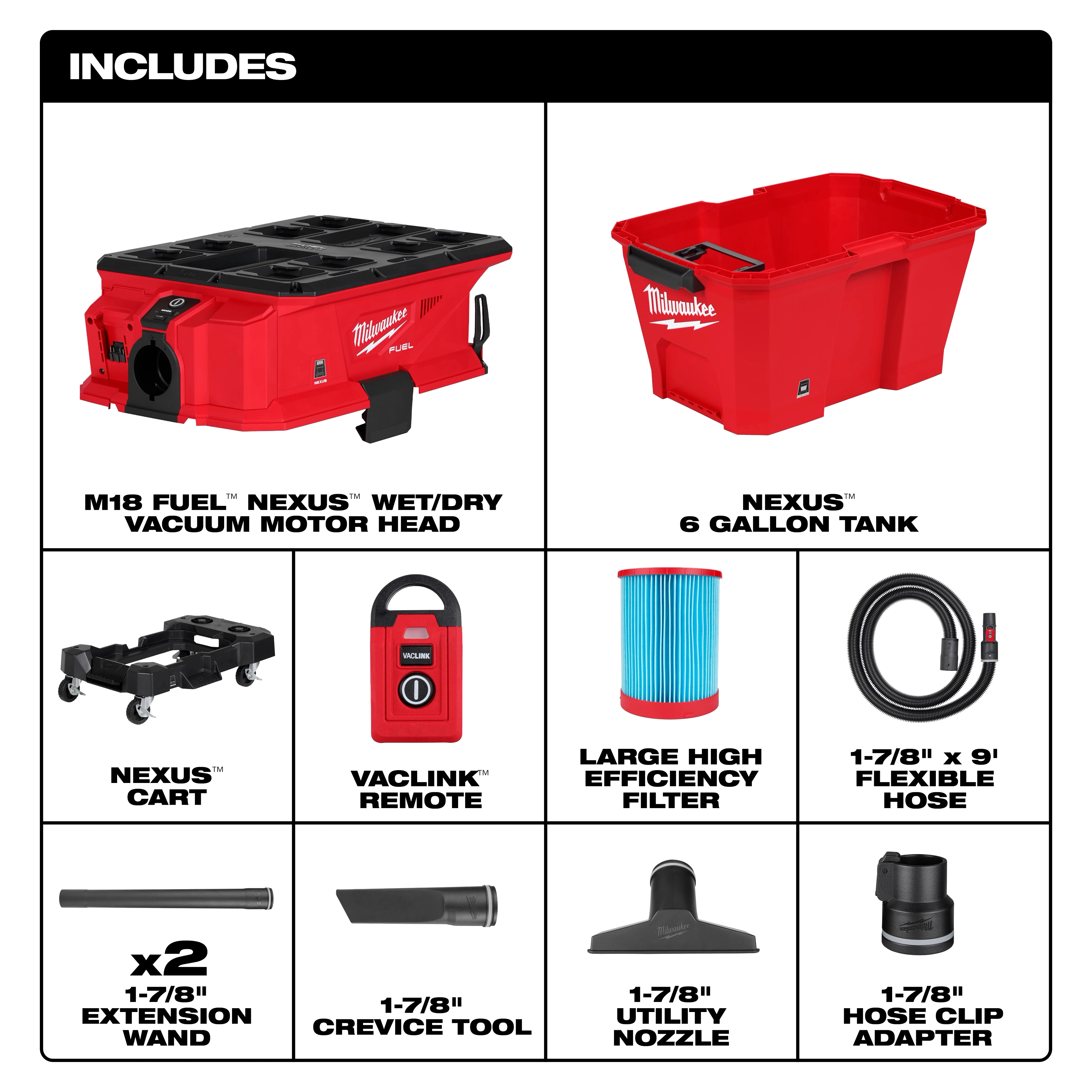 The M18 FUEL™ NEXUS™ 6 Gallon Wet/Dry Vacuum w/ PACKOUT™ Compatibility & VACLINK™ includes a motor head, 6-gallon tank, cart, VACLINK™ remote, high-efficiency filter, flexible hose, extension wand, crevice tool, utility nozzle, and hose clip adapter. All components are shown in a grid format.