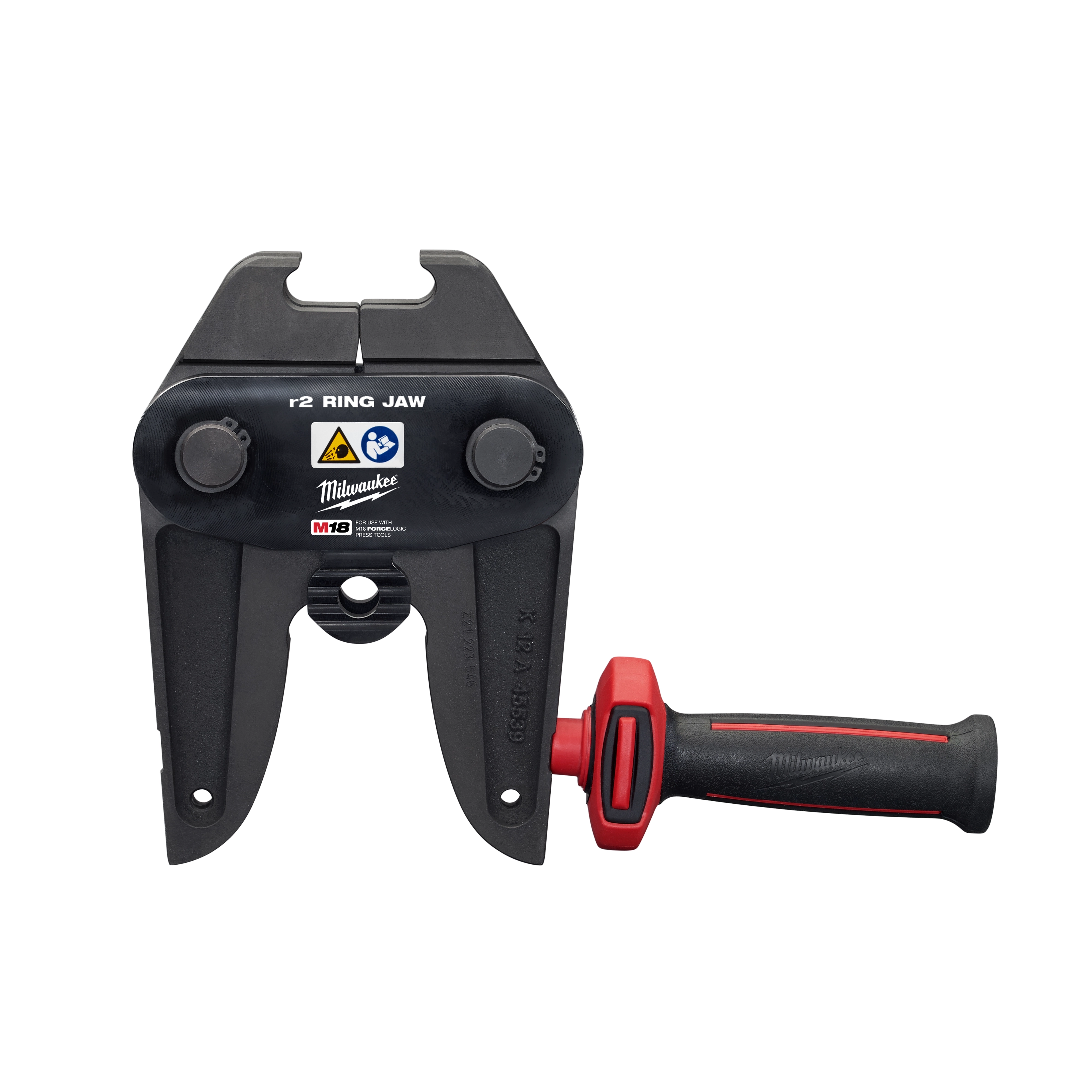 M18 Jaws and Rings - Stainless Steel features a compact, black jaw with a red and black ergonomic handle designed for durability.