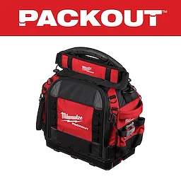 Milwaukee Packout tool bag in red and black with multiple compartments and reinforced handles, shown with a red logo banner at the top.