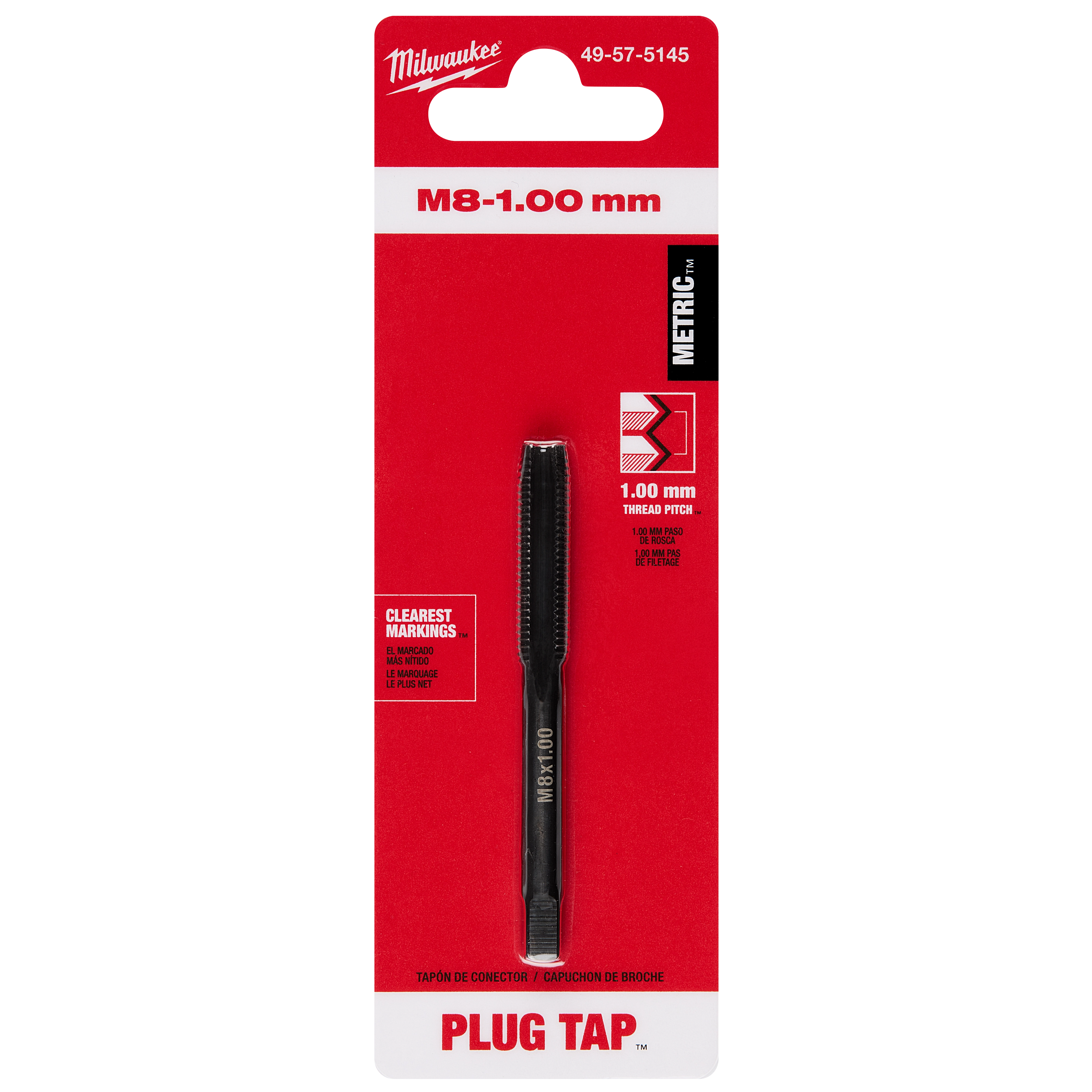 M8-1.00 mm Straight Flute Plug Tap packaged in a red and white hanging package with product information displayed.