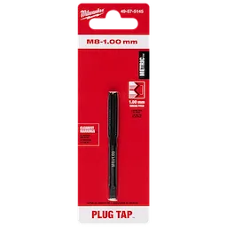 M8-1.00 mm Straight Flute Plug Tap packaged in a red and white hanging package with product information displayed.