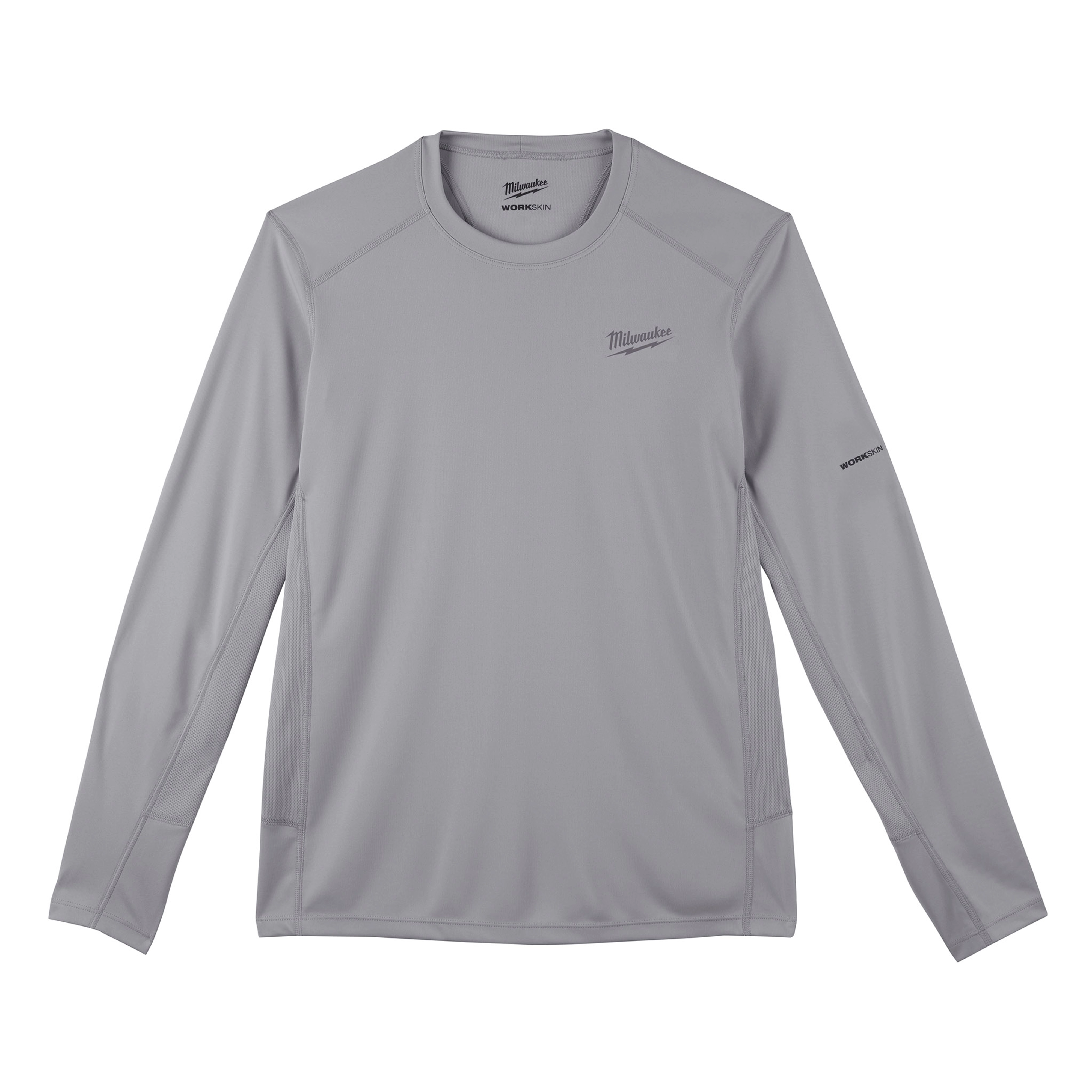 Gray Milwaukee WORKSKIN Lightweight Performance Shirt with long sleeves, crewneck, and brand logos on the chest and left sleeve.