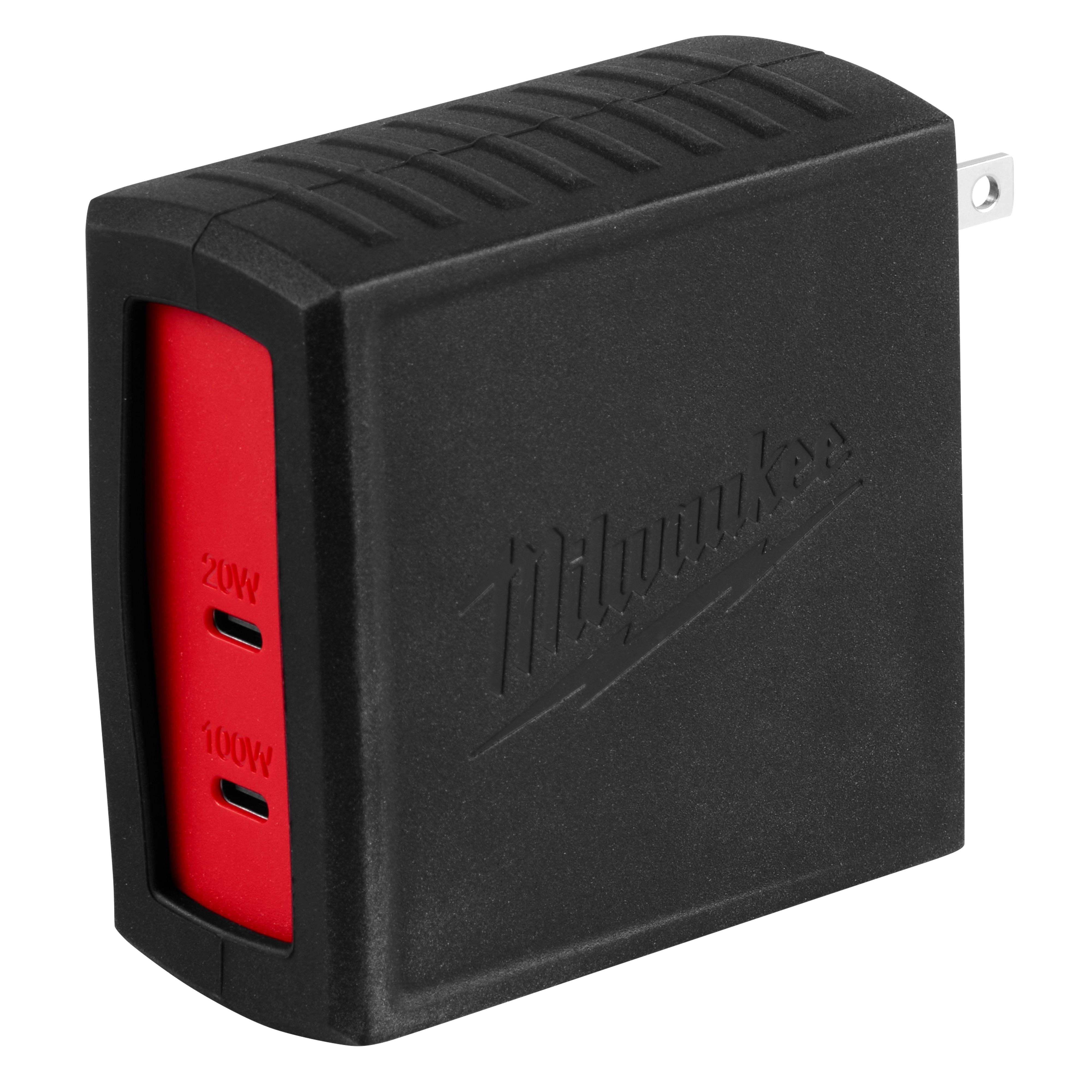 The 120W USB-C Wall Adapter is a black and red charger featuring two USB-C ports, one labeled 20W and the other 100W.