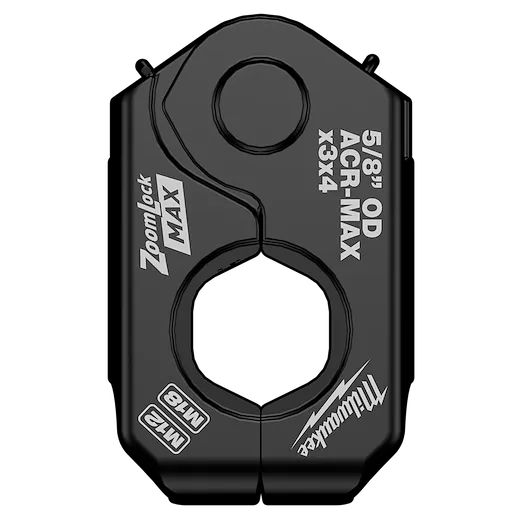 The 5/8" ZoomLock MAX® & >B< MaxiPro® Pivoting Press Ring is a black, pivoting press ring used for ACR applications. It features the ZoomLock MAX logo and specifications printed in white, including "5/8" OD ACR-MAX x3x4" and "M12".
