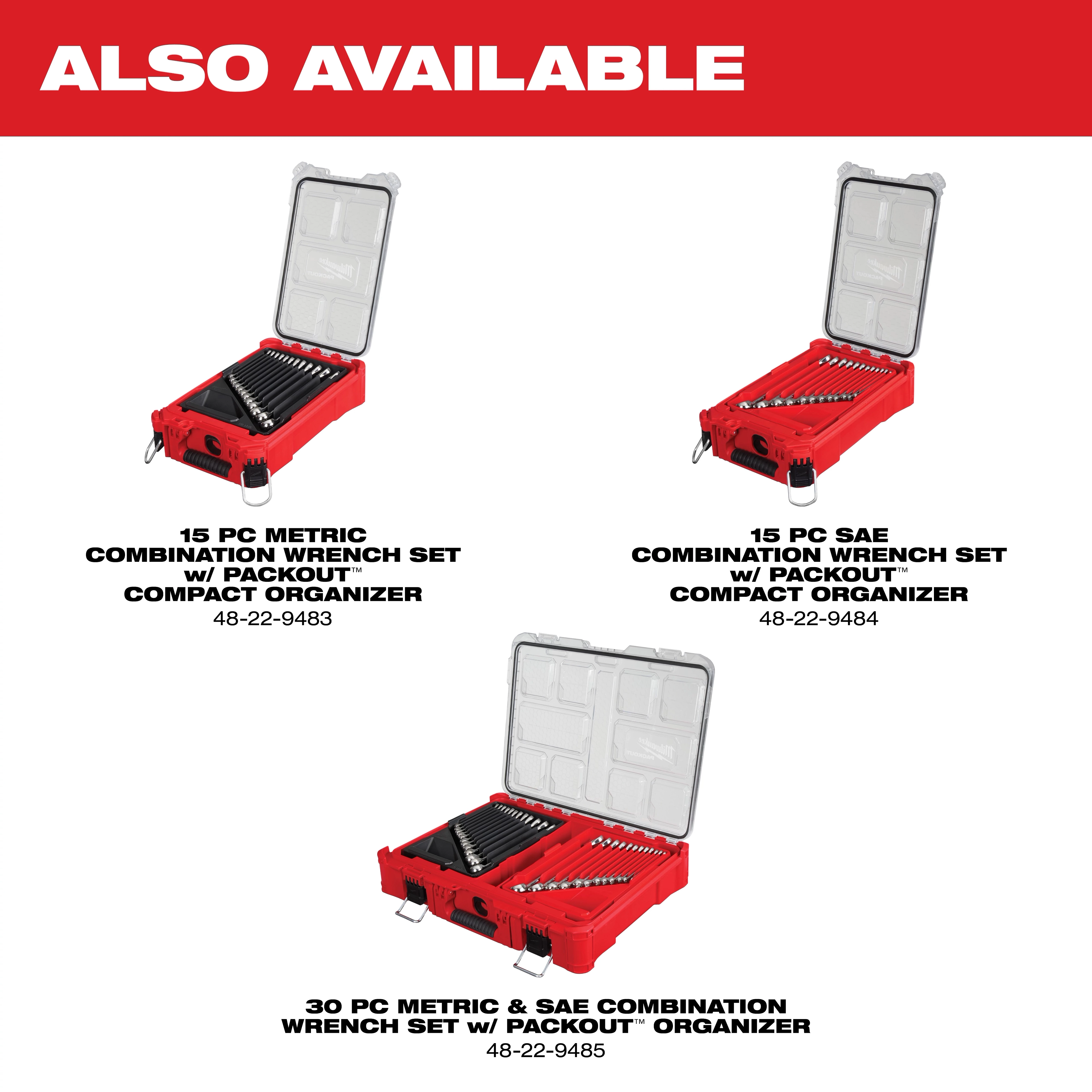 The image shows Mechanic Hand Tools in red cases. Three sets are available: 15-piece metric combination wrench set, 15-piece SAE combination wrench set, and a 30-piece metric and SAE combination wrench set, all with Packout compact organizers. Model numbers are 48-22-9483, 48-22-9484, and 48-22-9485.