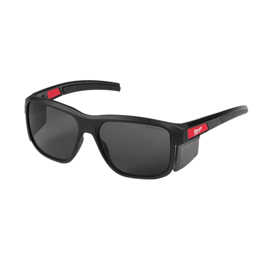 Full Frame Safety Glasses with Removable Side Shields feature tinted, anti-scratch lenses. The design includes black frames with red accents. These safety glasses provide comprehensive eye protection and are suitable for various professional and personal uses where eye safety is essential.