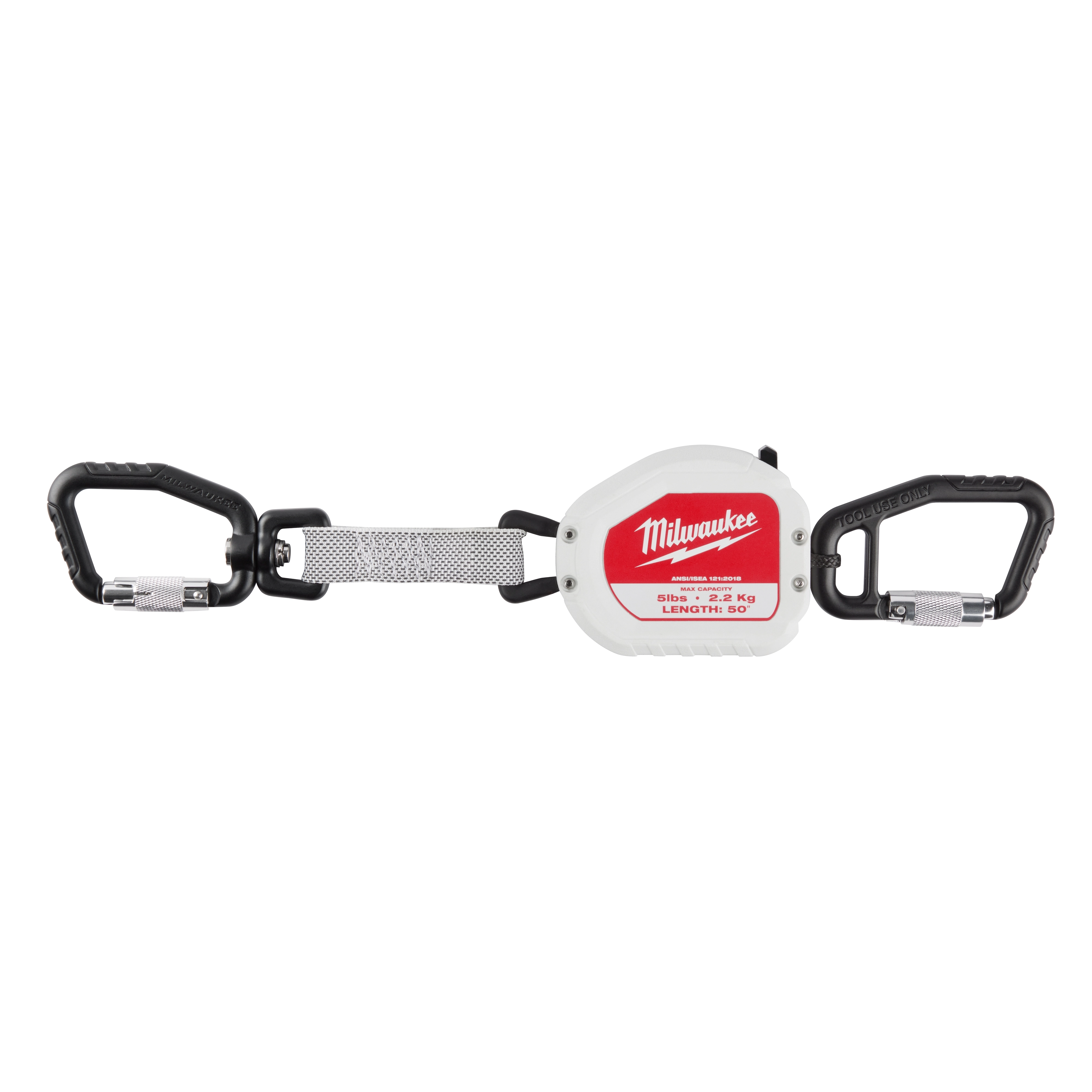 The 5LB Quick-Connect Retractable Tool Lanyard features a durable white casing with a red label, two black carabiners, and a safety lock mechanism. It is designed to secure tools up to 5 lbs (2.2 kg). The lanyard has a retractable cord with a length of 50 inches.