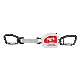 The 5LB Quick-Connect Retractable Tool Lanyard features a durable white casing with a red label, two black carabiners, and a safety lock mechanism. It is designed to secure tools up to 5 lbs (2.2 kg). The lanyard has a retractable cord with a length of 50 inches.