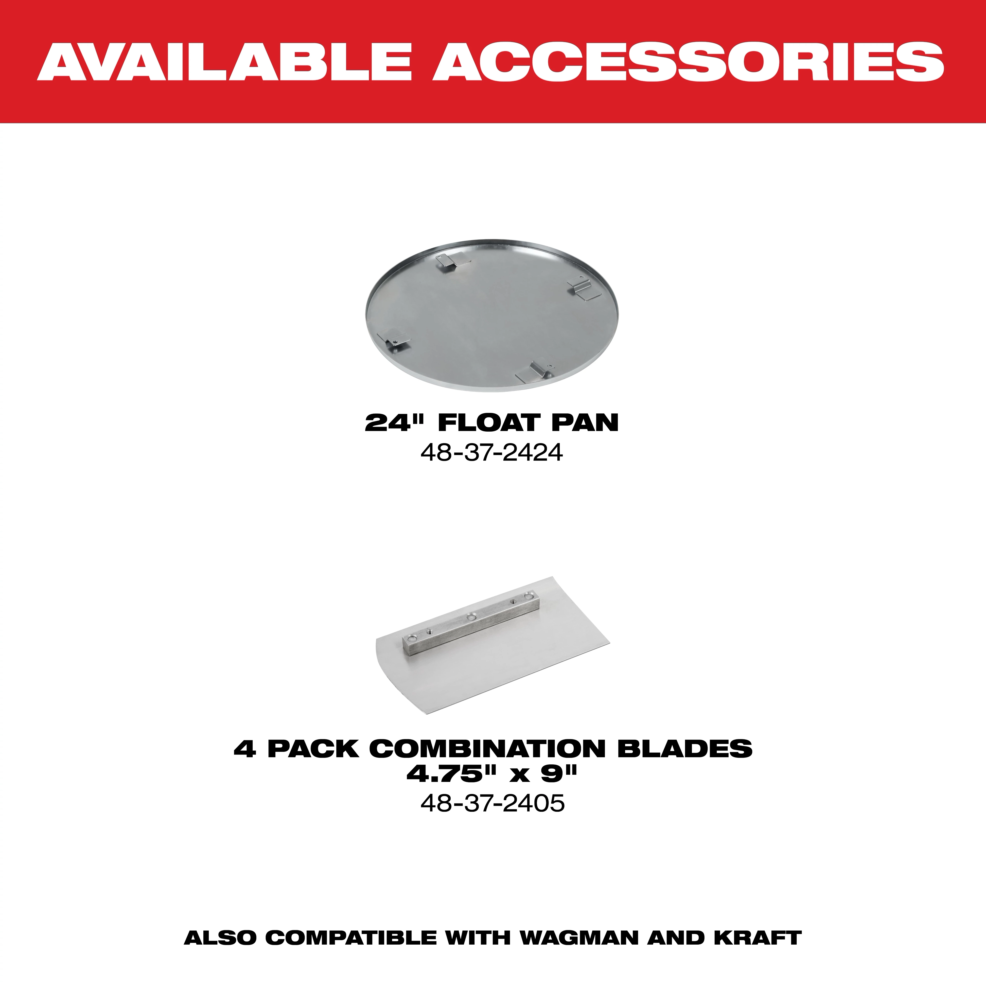 "Advertisement showing a 24-inch float pan and a 4-pack of 4.75x9-inch combination blades, compatible with Wagman and