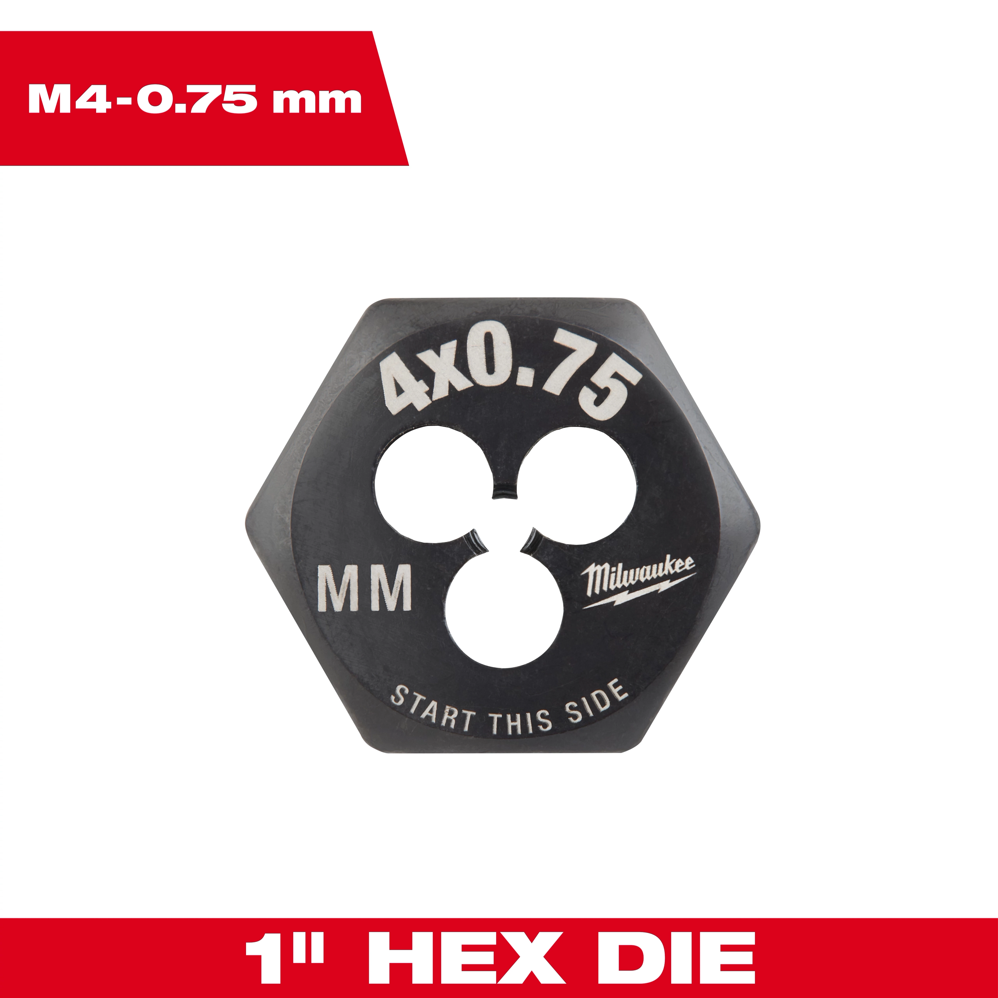 M4-0.75 mm 1-Inch Hex Threading Die in black with three circular holes, featuring "4x0.75 MM" and "Start This Side" text.