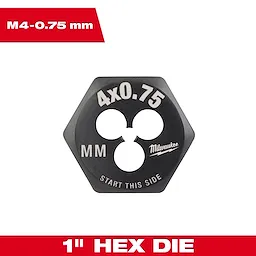 M4-0.75 mm 1-Inch Hex Threading Die in black with three circular holes, featuring "4x0.75 MM" and "Start This Side" text.