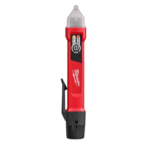 Milwaukee Voltage Detector pen with flashlight. Features include an on/off button, branded label, and pocket clip on the side.