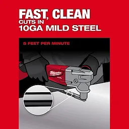 Image of a M18 FUEL™ 10 Gauge Nibbler cutting through 10GA mild steel at a rate of 5 feet per minute, showing a clean and fast cut result. The background is red with white text indicating its efficiency.