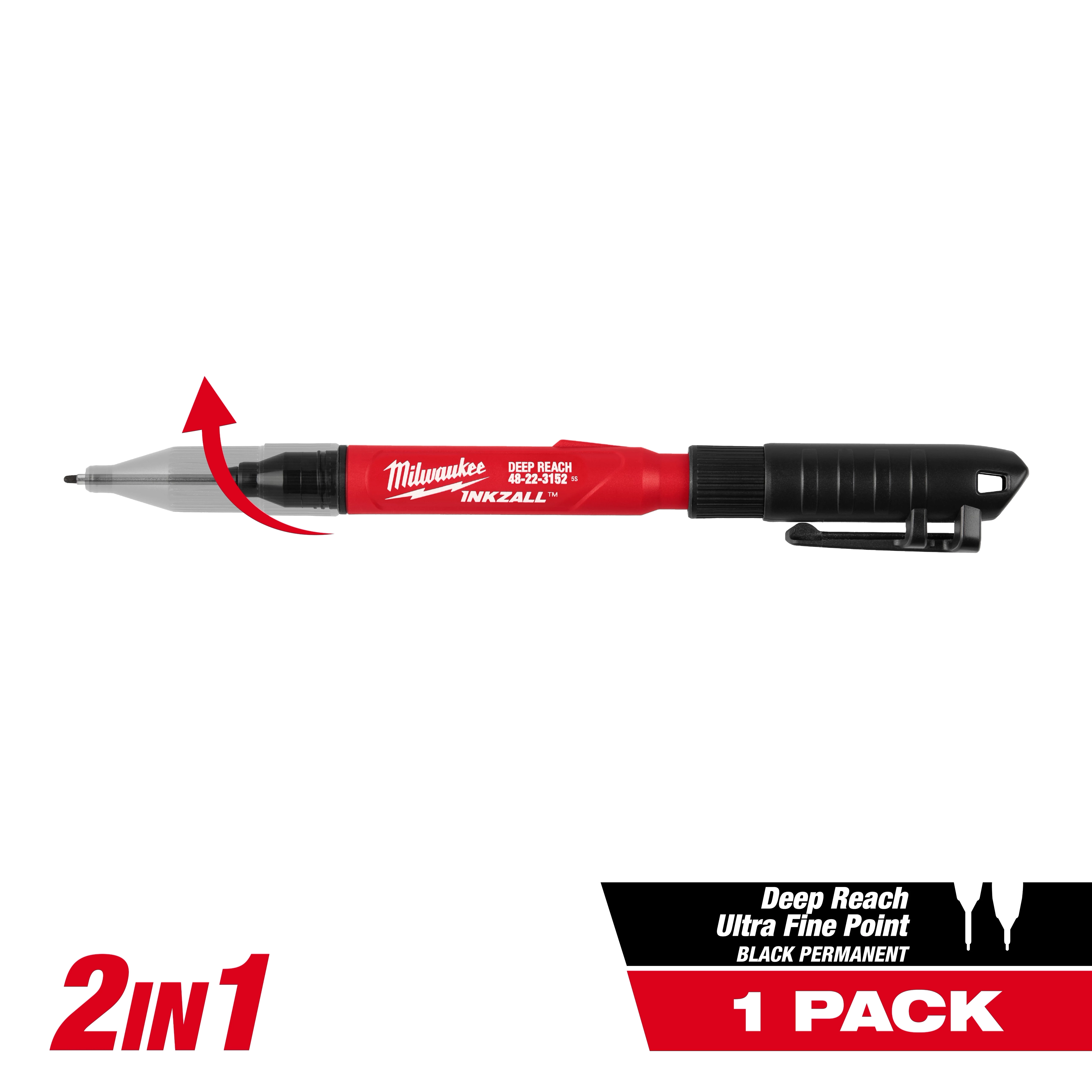 INKZALL™ 2IN1 Deep Reach Ultra Fine Point Black Jobsite Marker features a slim, black tip for precise marking and a red body with a clip for easy attachment. This product is ideal for job site use with deep reach capabilities and comes in a single pack.