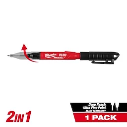 INKZALL™ 2IN1 Deep Reach Ultra Fine Point Black Jobsite Marker features a slim, black tip for precise marking and a red body with a clip for easy attachment. This product is ideal for job site use with deep reach capabilities and comes in a single pack.