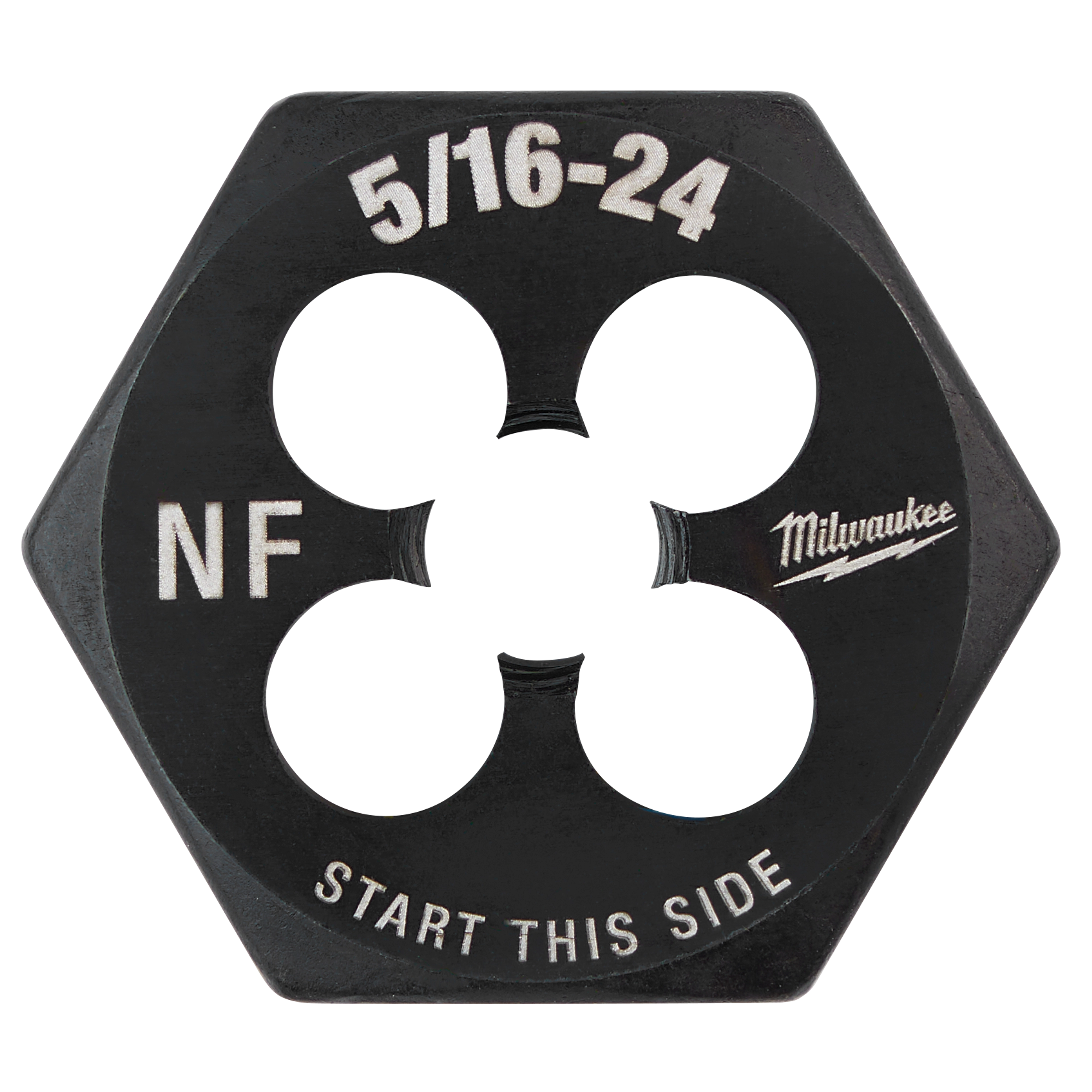 5/16-24 NF 1-Inch Hex Threading Die with hexagonal shape, featuring four circular cutouts, and marked with "Start This Side."