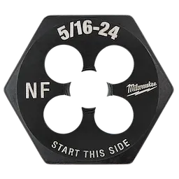 5/16-24 NF 1-Inch Hex Threading Die with hexagonal shape, featuring four circular cutouts, and marked with "Start This Side."