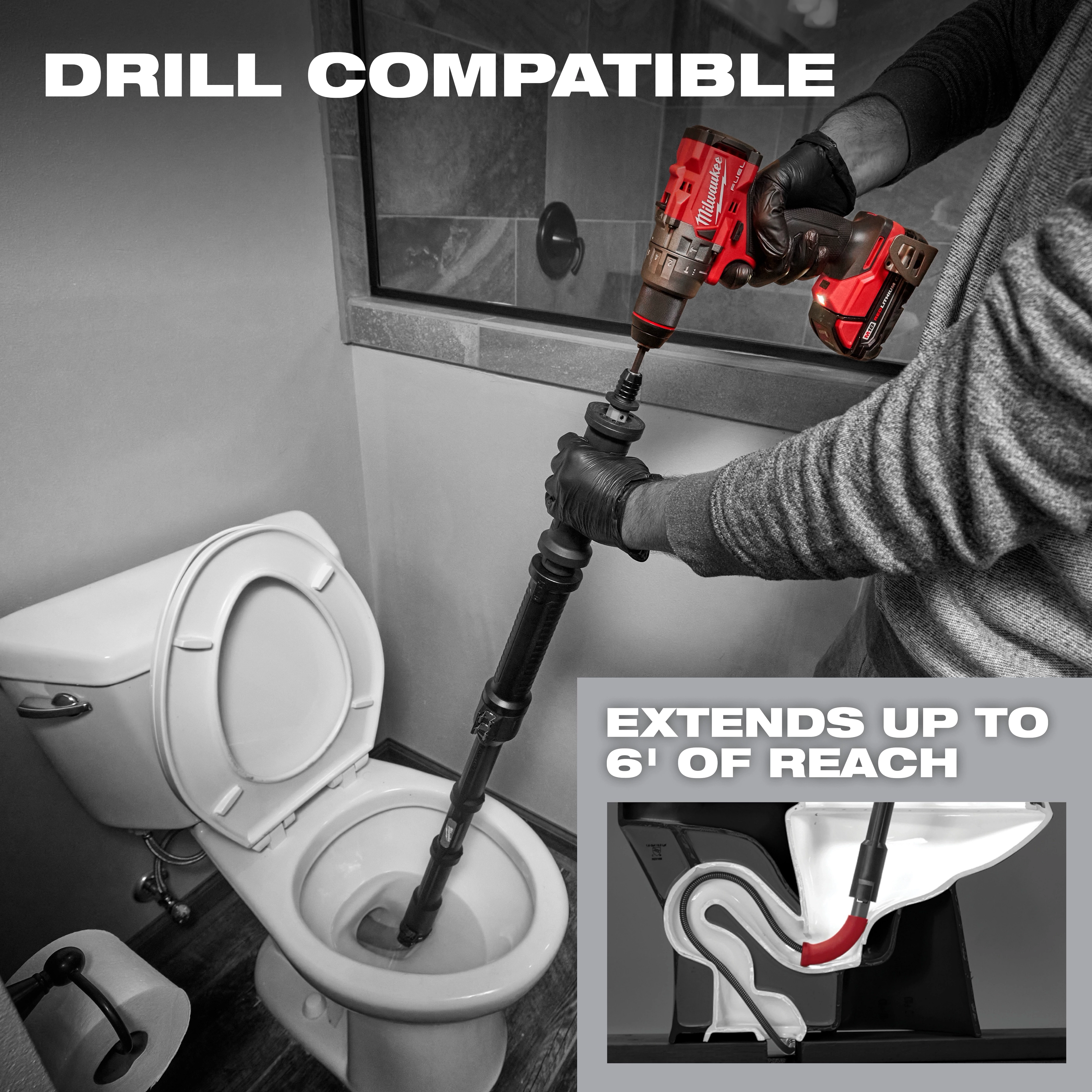 M12 TRAPSNAKE 6' Toilet Auger being used to unclog a toilet. Text reads "DRILL COMPATIBLE" and "EXTENDS UP TO 6' OF REACH."