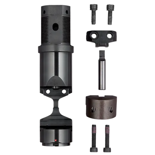 The image shows the M18 FUEL™ 10 Ga Die Holder Kit, disassembled into its key components. The parts displayed include screws, a cylindrical holder, a die block, and other metallic components arranged in a systematic order.