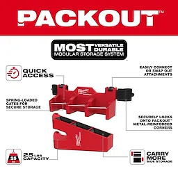 Image of the PACKOUT Tool Box Long Tool Holder Attachment highlighting features like quick access, spring-loaded gates for secure storage, easy connection or swapping of attachments, metal-reinforced corners, 25 lbs capacity, and additional side storage. The text "Most Versatile Durable" appears prominently.