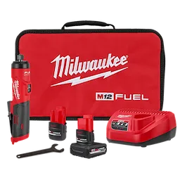 M12 FUEL 1/4" Straight Die Grinder Kit with grinder, batteries, charger, wrench, and carrying case