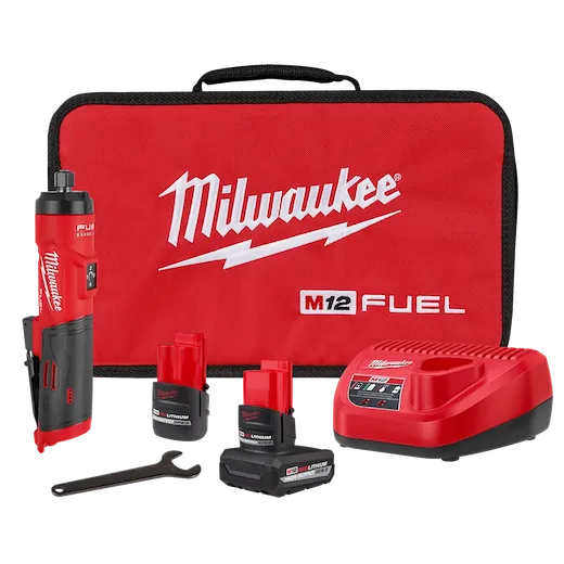 M12 FUEL 1/4" Straight Die Grinder Kit with grinder, batteries, charger, wrench, and carrying case