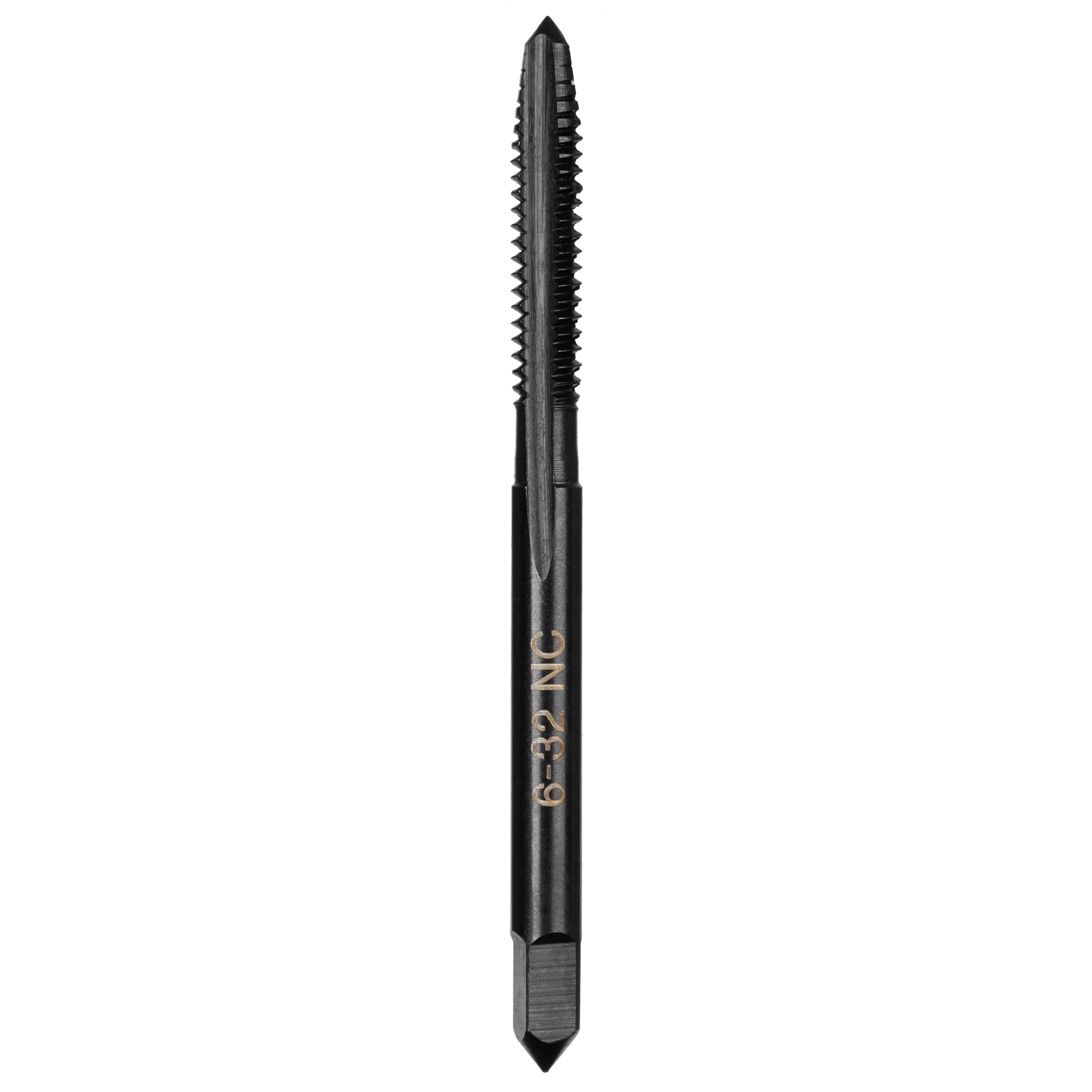 6-32 NC Straight Flute Plug Tap, a black metal tool used for creating internal screw threads, featuring straight flutes.