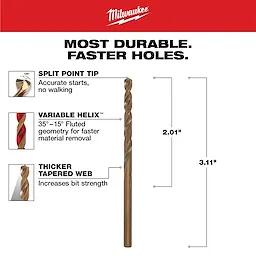 Milwaukee 5/32 in. Cobalt Red Helix Twist Drill Bit features a split point tip for accurate starts, a variable helix for faster material removal, and a thicker tapered web for increased strength. Dimensions highlighted are 2.01 inches and 3.11 inches. Text reads: "Most durable. Faster holes."