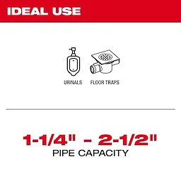 The Milwaukee TRAPSNAKE is ideal for using on urinals and floor traps. It supports pipe capacity ranging from 1-1/4 inches to 2-1/2 inches.