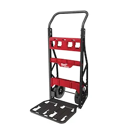 Red and black PACKOUT 2-Wheel Cart with an ergonomic handle, storage compartments, and large wheels for easy transportation.