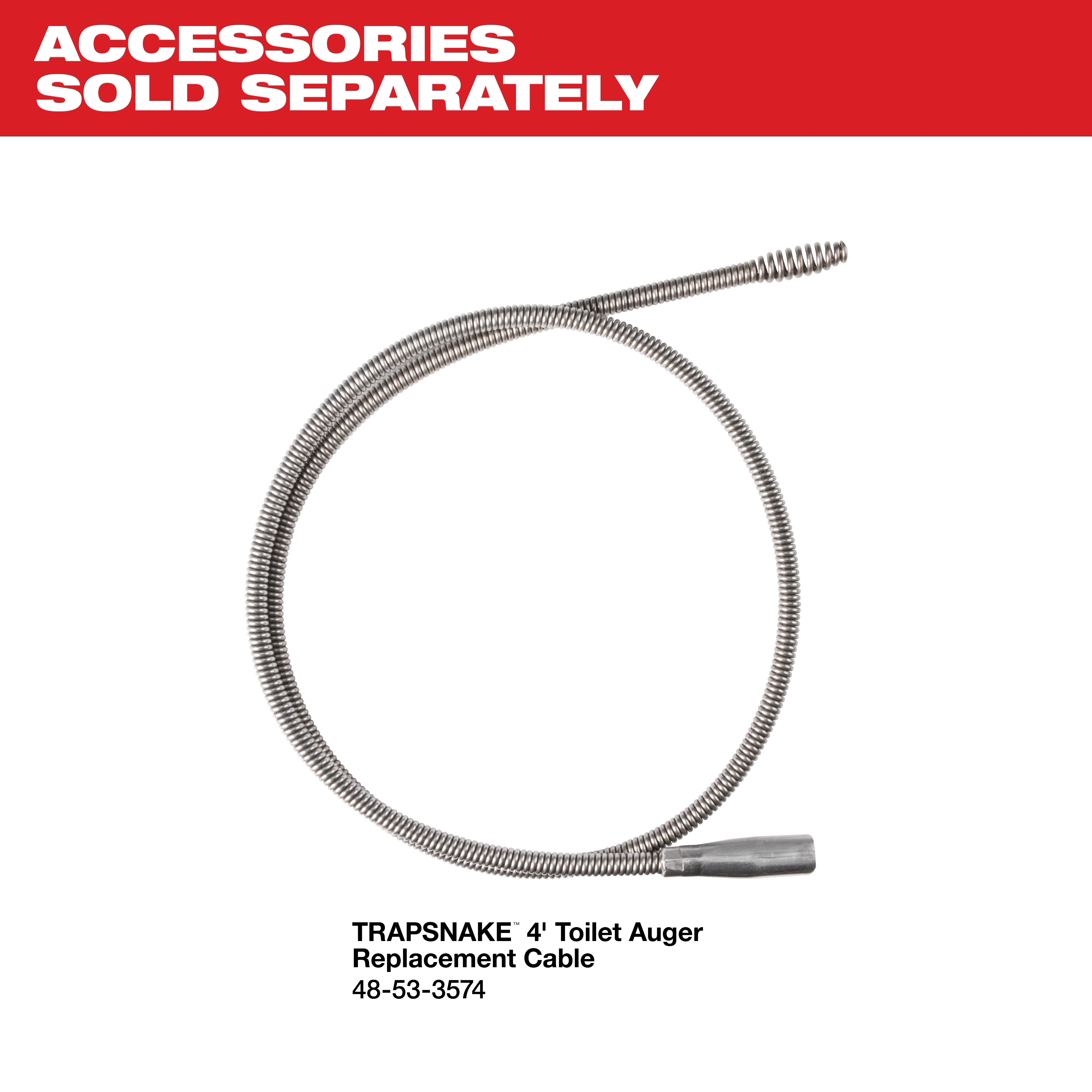 TRAPSNAKE 4' Toilet Auger Replacement Cable is displayed. This coiled silver tool measures 4 feet in length and features a robust wire design to navigate and clear toilet blockages effectively. Accessories for TRAPSNAKE are sold separately, as noted in the red banner above the product.