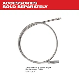 TRAPSNAKE 4' Toilet Auger Replacement Cable is displayed. This coiled silver tool measures 4 feet in length and features a robust wire design to navigate and clear toilet blockages effectively. Accessories for TRAPSNAKE are sold separately, as noted in the red banner above the product.