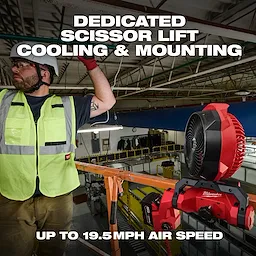 M18 Brushless Scissor Lift Fan mounted on a railing at an industrial site. Text reads "Dedicated Scissor Lift Cooling & Mounting."