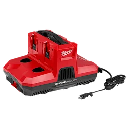 M18 & M12 Four Bay Simultaneous Super Charger w/ PACKOUT Compatibility in red and black with four charging slots and power cord.