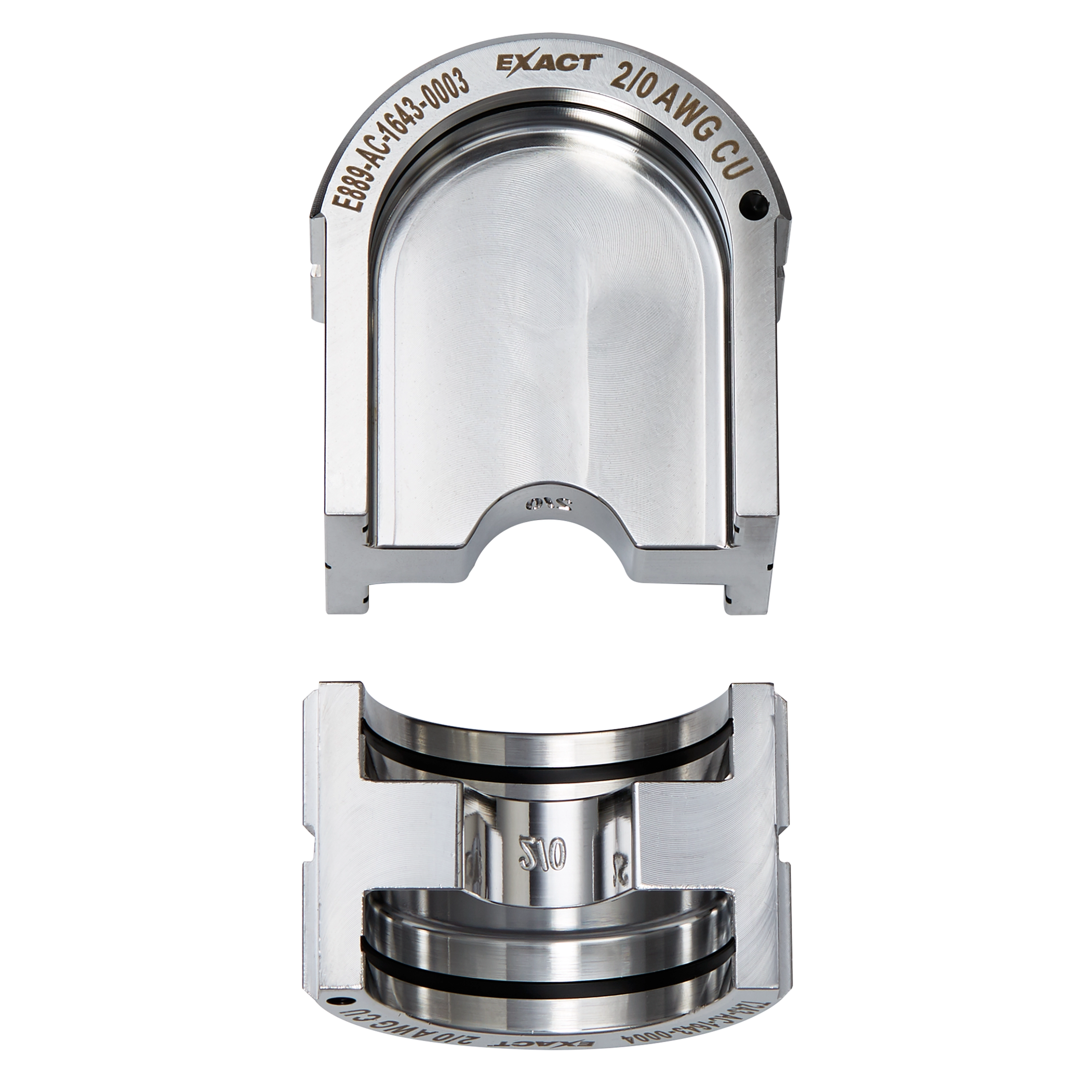The FORCELOGIC™ M18™ 750 MCM Crimper Kit features a steel crimping head designed for 210 AWG CU. It includes two metal components: a rounded arch piece with embedded text and a cylindrical component with various groove patterns for precision crimping.