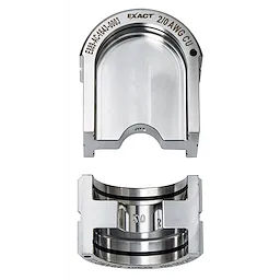 The FORCELOGIC™ M18™ 750 MCM Crimper Kit features a steel crimping head designed for 210 AWG CU. It includes two metal components: a rounded arch piece with embedded text and a cylindrical component with various groove patterns for precision crimping.