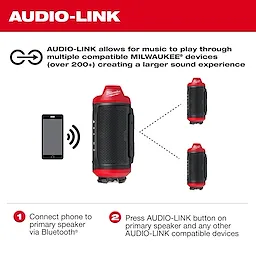 M12™ Bluetooth® Jobsite Speaker w/ PACKOUT™ Compatibility. The top section says "AUDIO-LINK" and explains that the feature allows music to play through multiple compatible MILWAUKEE® devices. The illustration shows a phone connected to a speaker, which then links to additional speakers. Steps below describe connecting via Bluetooth and pressing the AUDIO-LINK button.
