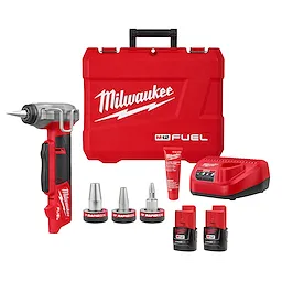 The M12 FUEL™ ProPEX® Expander kit includes a red expander tool, three expansion heads, charger, battery pack, lubricant, and carrying case. The Milwaukee branding is visible on the tool, case, and accessories. The kit is designed for pipe expansion tasks in plumbing applications.