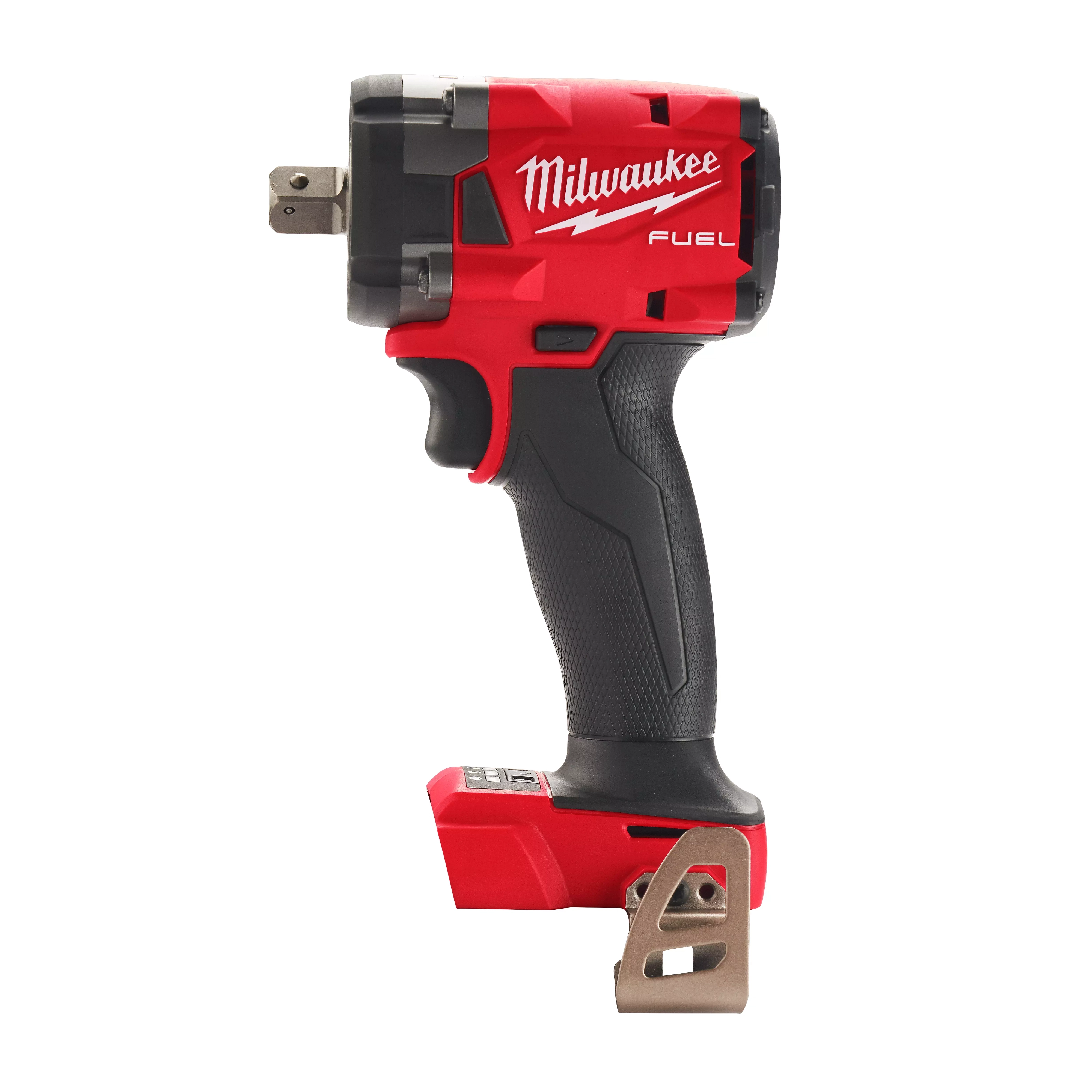 Milwaukee M18 FUEL 1/2" Compact Impact Wrench with Pin Detent Block in red and black, featuring an ergonomic handle.