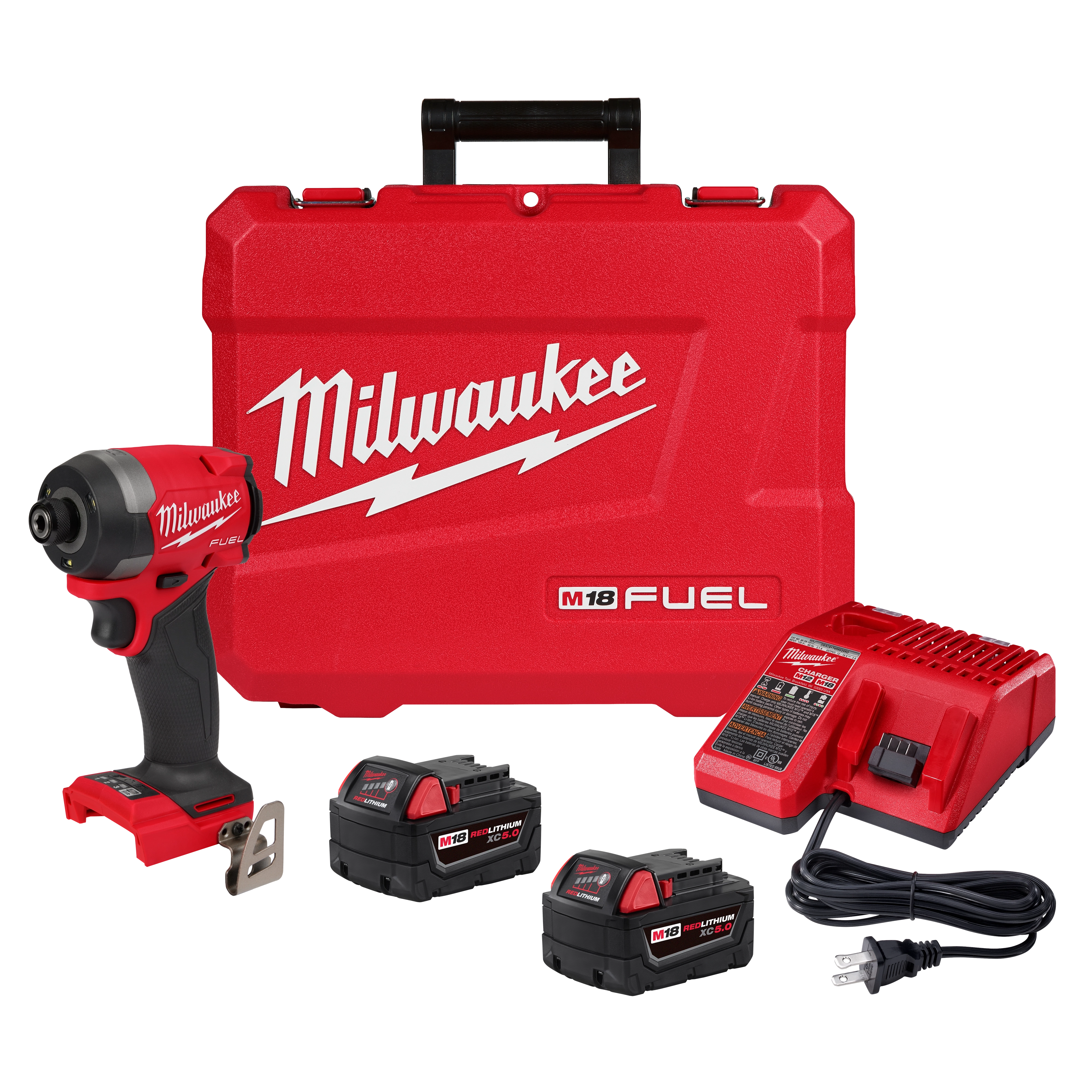 Milwaukee M18 FUEL 1/4" Hex Impact Driver with red carrying case, two batteries, charger, and power cord.
