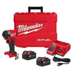 Milwaukee M18 FUEL 1/4" Hex Impact Driver with red carrying case, two batteries, charger, and power cord.