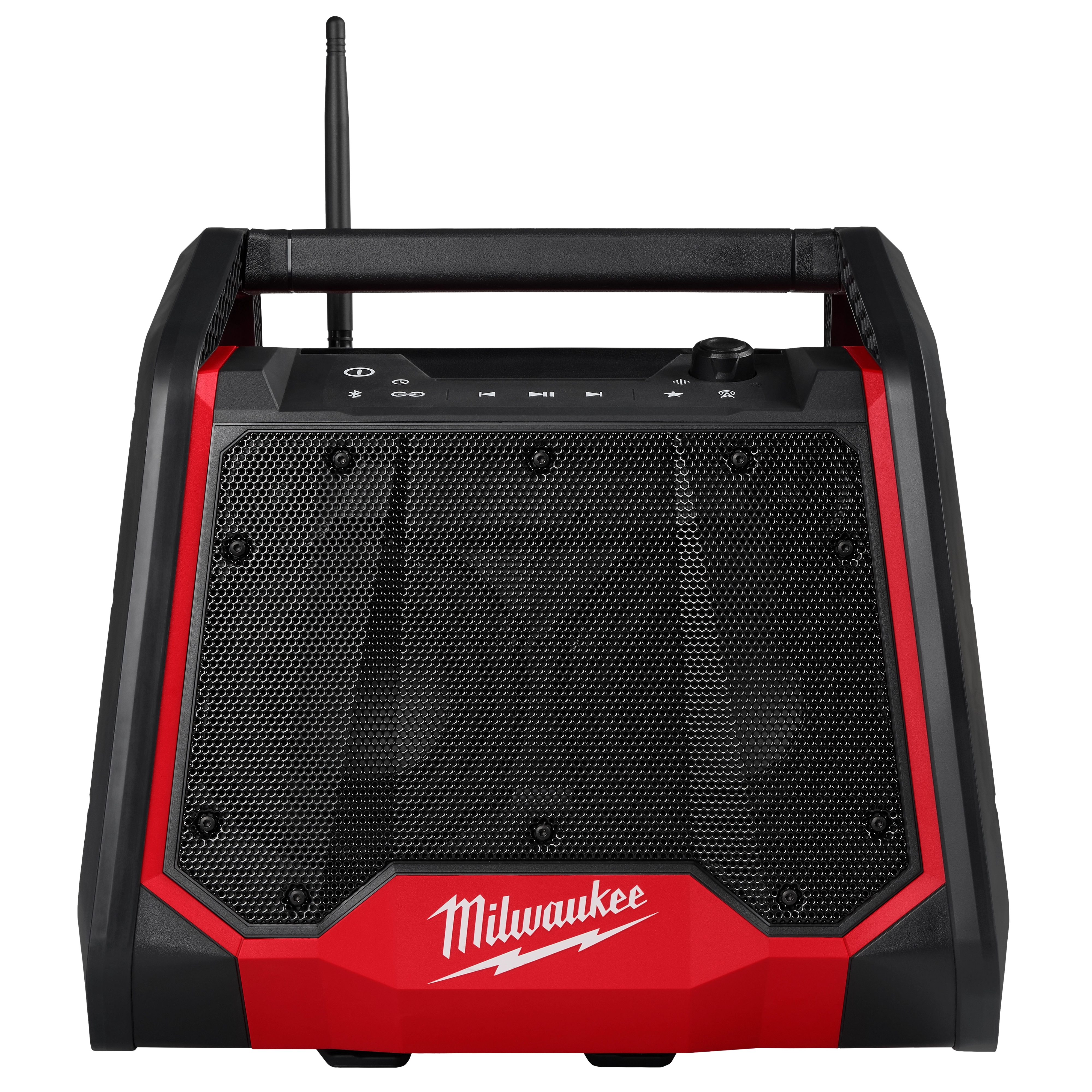 Milwaukee's M18™ Bluetooth® Jobsite Radio + Charger features a rugged design with a red and black exterior, a handle on top, and controls for volume and power. The front displays the Milwaukee logo and two speakers protected by a black mesh grill. Durable for construction environments.