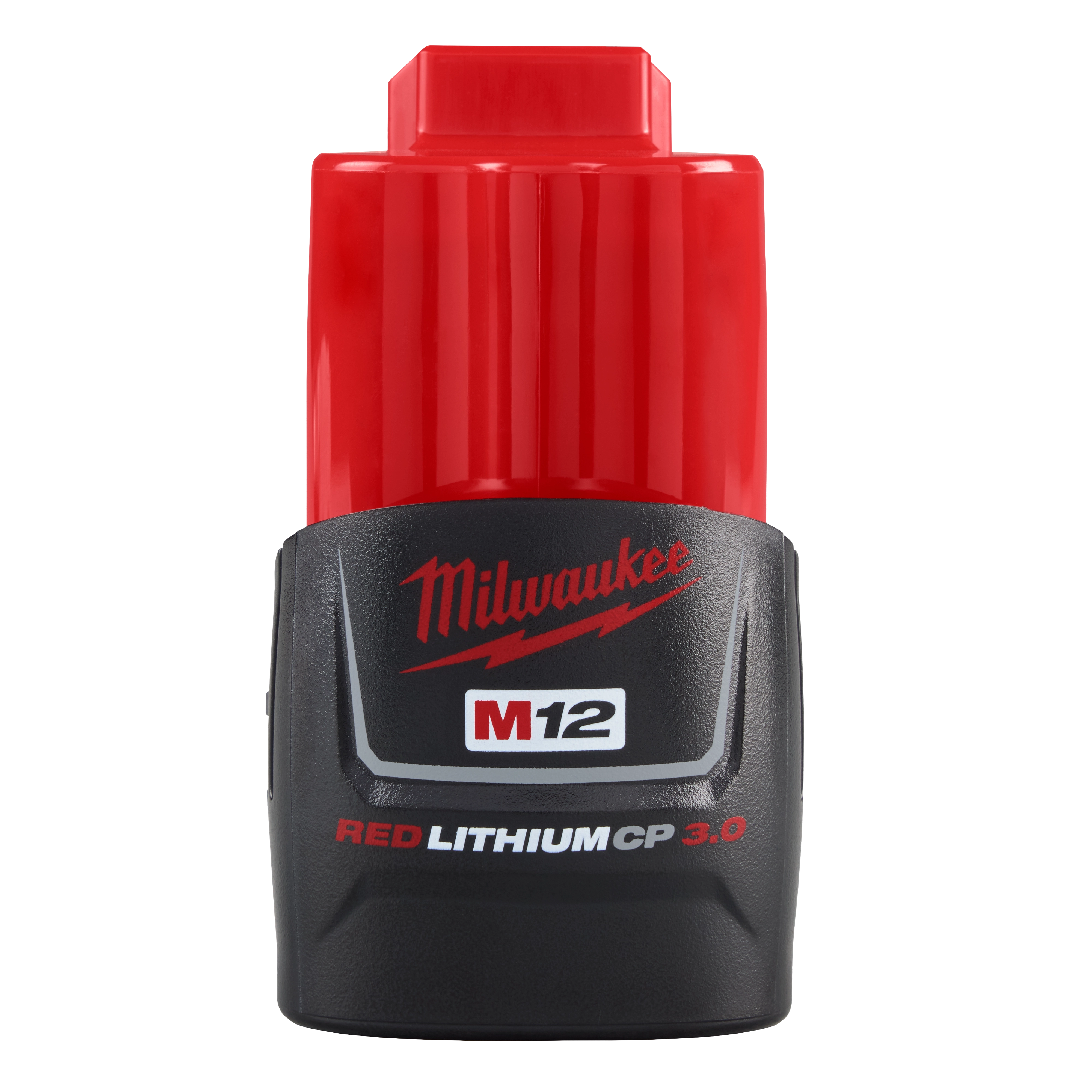 The image shows a Milwaukee M12 REDLITHIUM CP 3.0 battery pack. The battery has a red and black design, with the Milwaukee logo and product name displayed on the front. It is a compact, high-performance Lithium-ion battery.