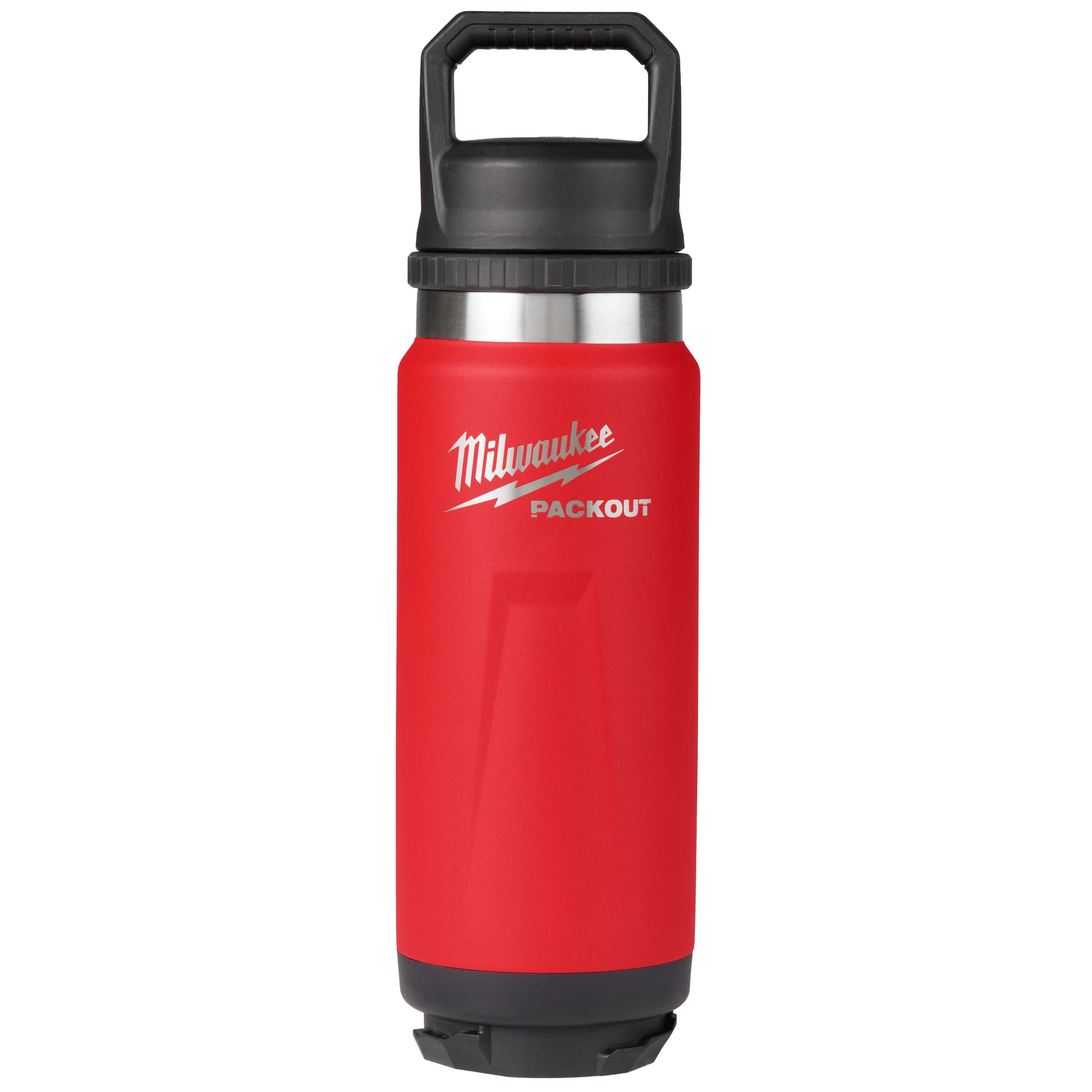 Milwaukee PACKOUT 24oz Insulated Bottle with Chug Lid is a red, stainless steel bottle featuring a black handle and lid.