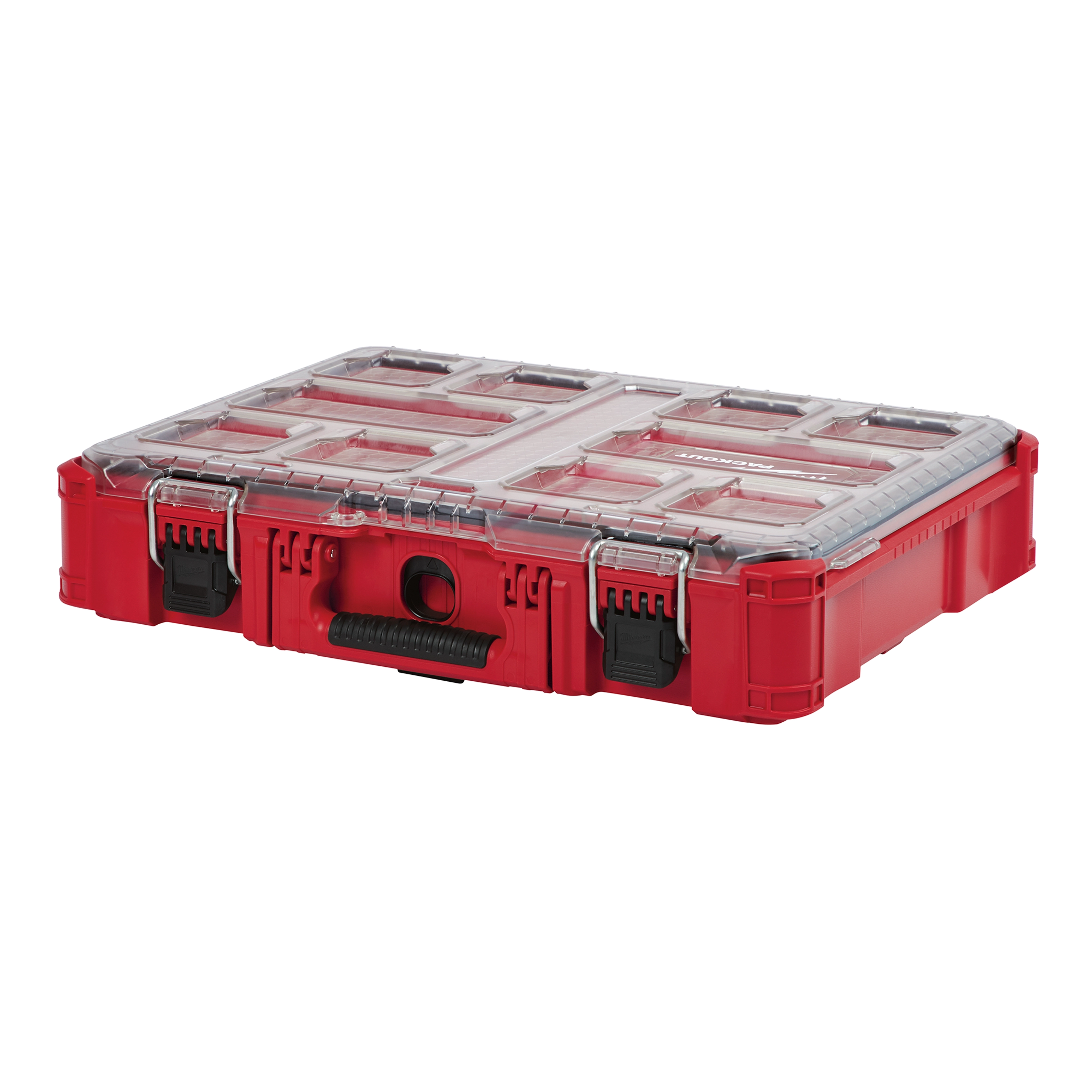 Red PACKOUT Modular Storage System: Organizer with a transparent lid, black latches, and handle for tools and small parts.